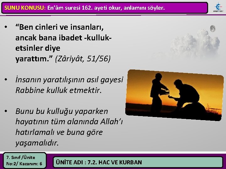 SUNU KONUSU: En’âm suresi 162. ayeti okur, anlamını söyler. • “Ben cinleri ve insanları,