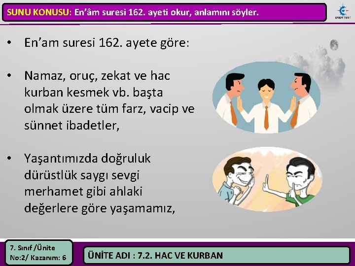 SUNU KONUSU: En’âm suresi 162. ayeti okur, anlamını söyler. • En’am suresi 162. ayete
