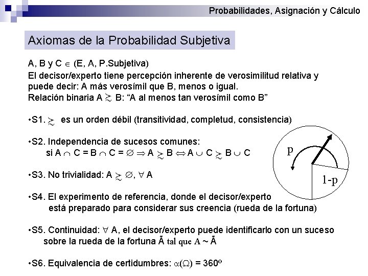 Probabilidades, Asignación y Cálculo Axiomas de la Probabilidad Subjetiva A, B y C (E,