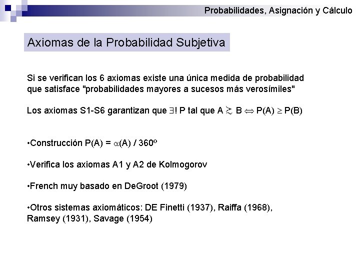 Probabilidades, Asignación y Cálculo Axiomas de la Probabilidad Subjetiva Si se verifican los 6