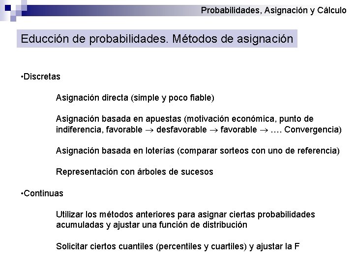 Probabilidades, Asignación y Cálculo Educción de probabilidades. Métodos de asignación • Discretas Asignación directa