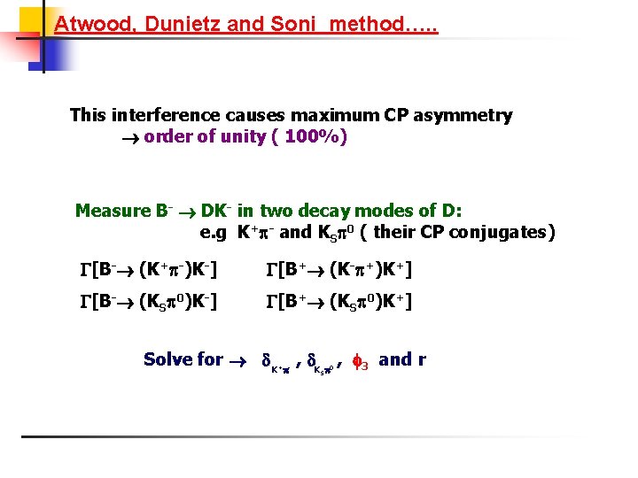 Atwood, Dunietz and Soni method…. . This interference causes maximum CP asymmetry order of