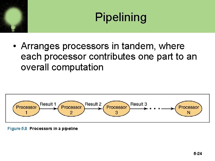Pipelining • Arranges processors in tandem, where each processor contributes one part to an