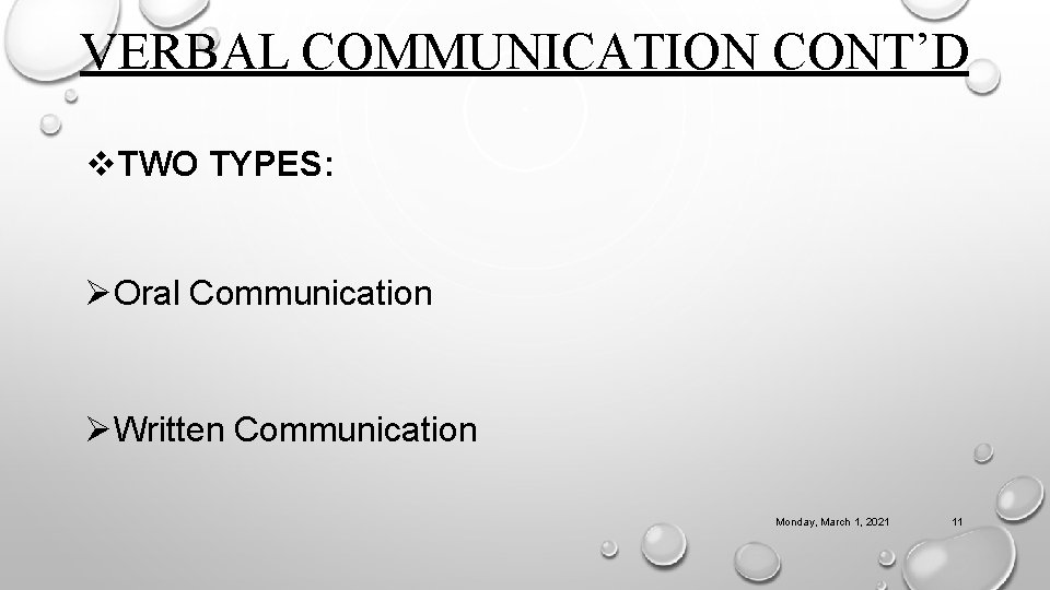 VERBAL COMMUNICATION CONT’D v. TWO TYPES: ØOral Communication ØWritten Communication Monday, March 1, 2021