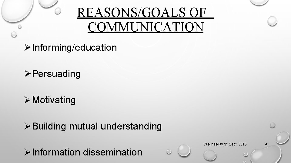 REASONS/GOALS OF COMMUNICATION ØInforming/education ØPersuading ØMotivating ØBuilding mutual understanding Wednesday 9 th Sept, 2015