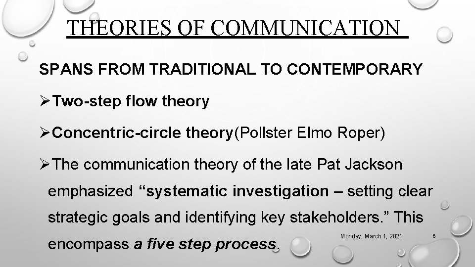 THEORIES OF COMMUNICATION SPANS FROM TRADITIONAL TO CONTEMPORARY ØTwo-step flow theory ØConcentric-circle theory(Pollster Elmo