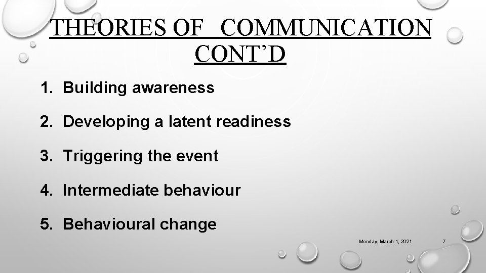 THEORIES OF COMMUNICATION CONT’D 1. Building awareness 2. Developing a latent readiness 3. Triggering