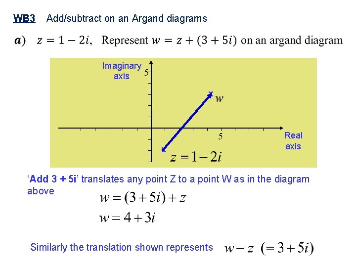 WB 3 Add/subtract on an Argand diagrams Imaginary axis x x Real axis ‘Add
