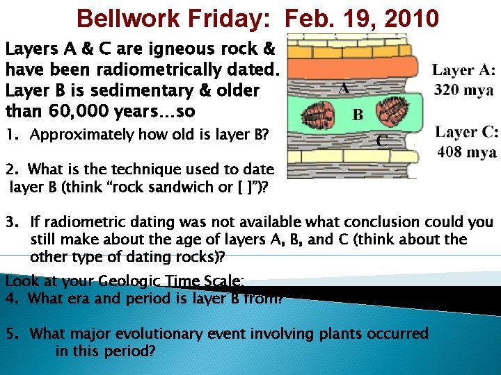 Bellwork Friday: Feb. 19, 2010 Layers A & C are igneous rock & have