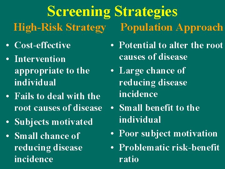 Screening Strategies High-Risk Strategy • Cost-effective • Intervention appropriate to the individual • Fails