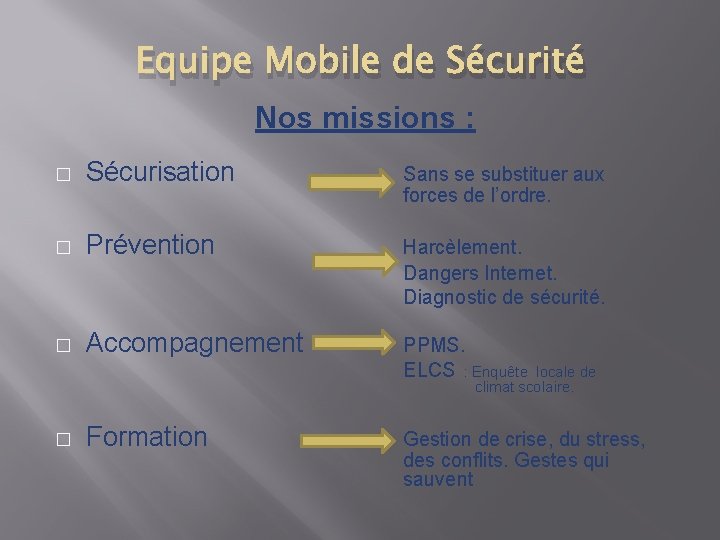 Equipe Mobile de Sécurité Nos missions : � Sécurisation Sans se substituer aux forces