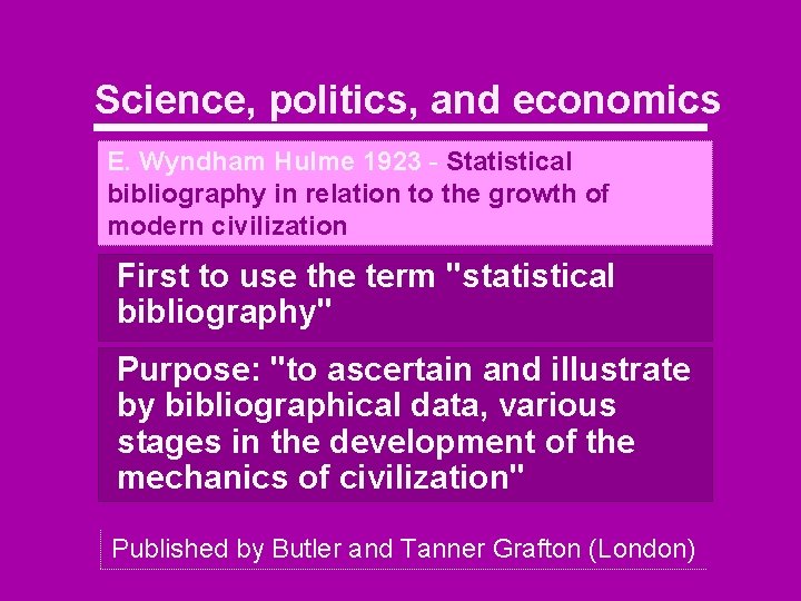 Science, politics, and economics E. Wyndham Hulme 1923 - Statistical bibliography in relation to
