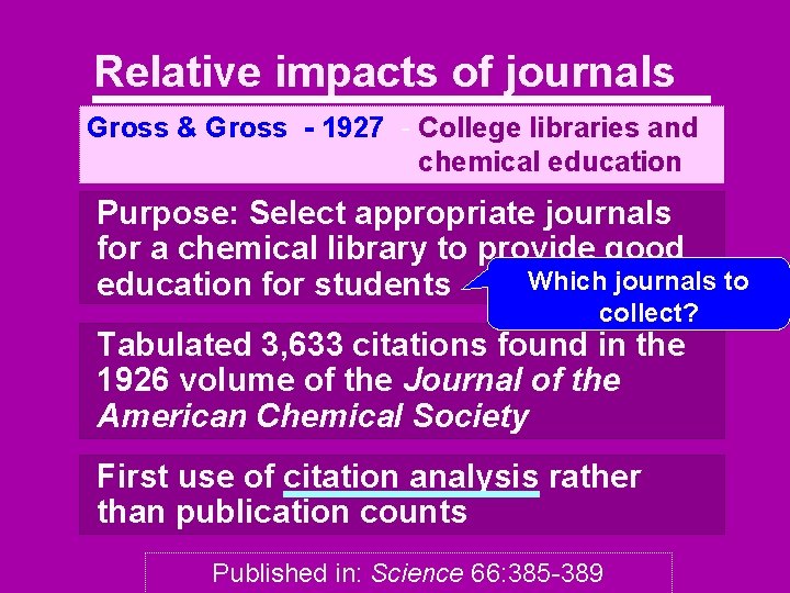 Relative impacts of journals Gross & Gross - 1927 - College libraries and chemical