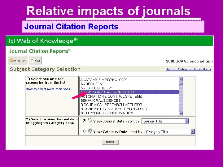 Relative impacts of journals Journal Citation Reports 