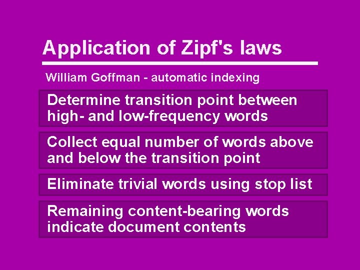 Application of Zipf's laws William Goffman - automatic indexing Determine transition point between high-
