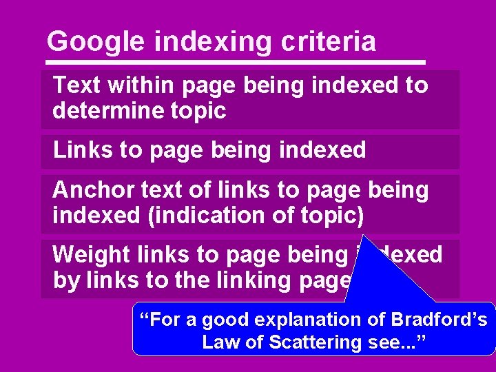 Google indexing criteria Text within page being indexed to determine topic Links to page