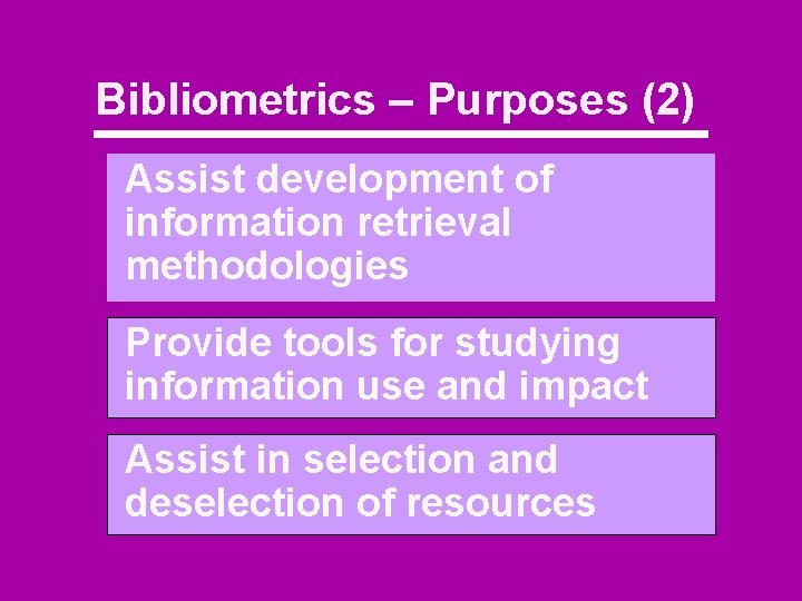 Bibliometrics – Purposes (2) Assist development of information retrieval methodologies Provide tools for studying