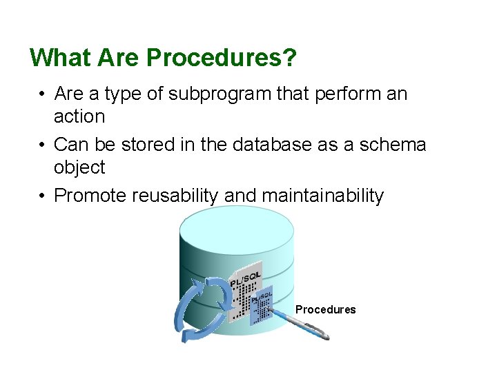 What Are Procedures? • Are a type of subprogram that perform an action •