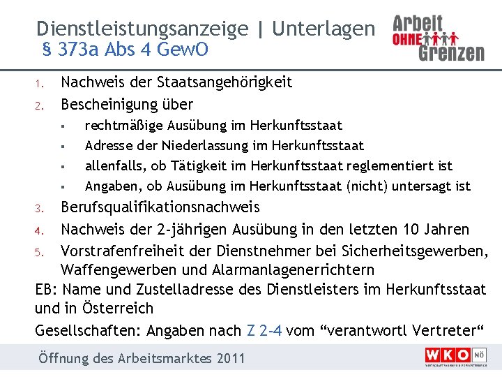 Dienstleistungsanzeige | Unterlagen § 373 a Abs 4 Gew. O 1. 2. Nachweis der