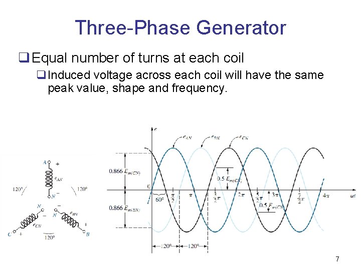 Three-Phase Generator q Equal number of turns at each coil q. Induced voltage across