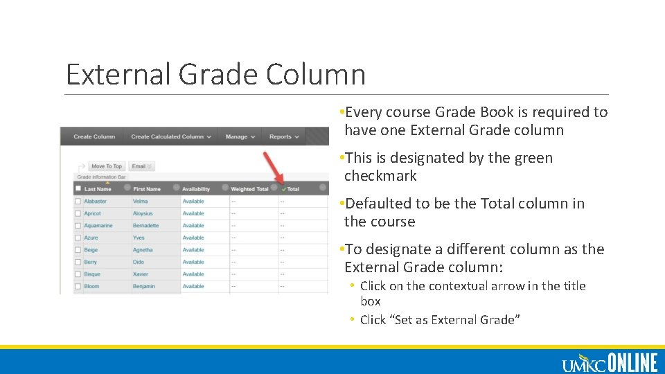 External Grade Column • Every course Grade Book is required to have one External
