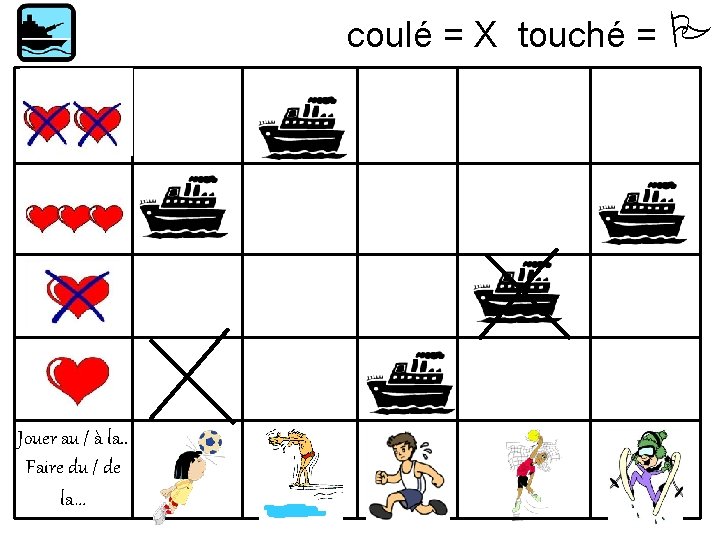 coulé = X touché = Jouer au / à la. . Faire du /