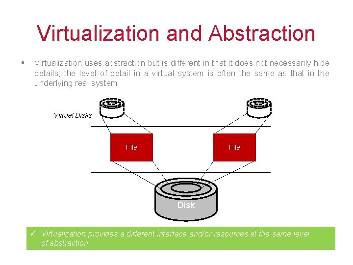 Virtualization and Abstraction § Virtualization uses abstraction but is different in that it does