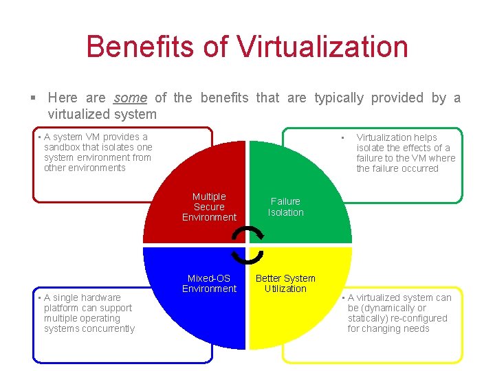 Benefits of Virtualization § Here are some of the benefits that are typically provided