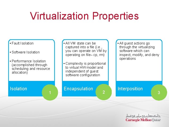 Virtualization Properties • Fault Isolation • All VM state can be captured into a