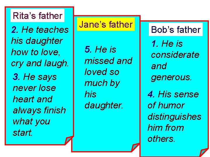 Rita’s father 2. He teaches his daughter how to love, cry and laugh. 3.