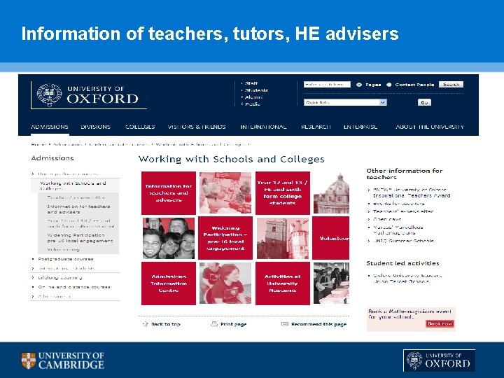 Information of teachers, tutors, HE advisers 