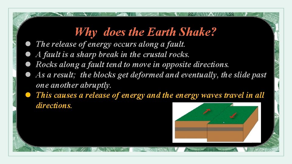 Why does the Earth Shake? l l The release of energy occurs along a