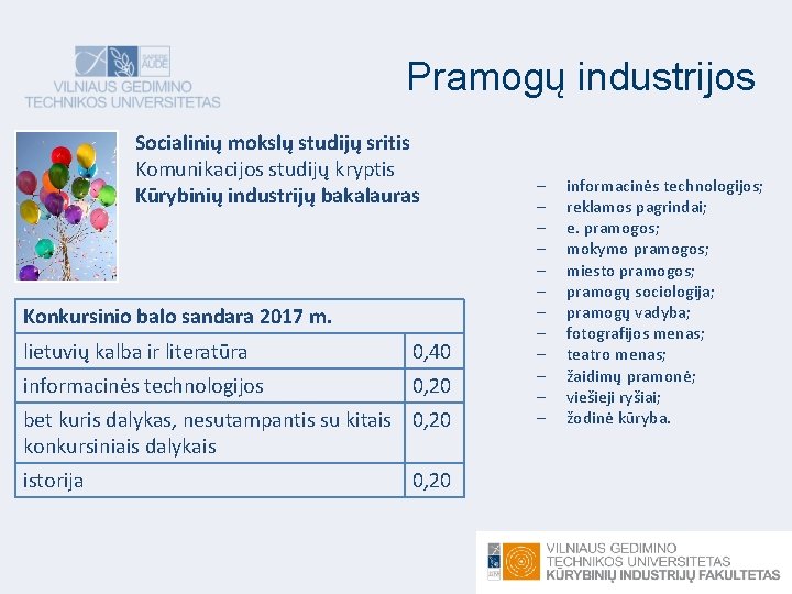 Pramogų industrijos Socialinių mokslų studijų sritis Komunikacijos studijų kryptis Kūrybinių industrijų bakalauras Konkursinio balo