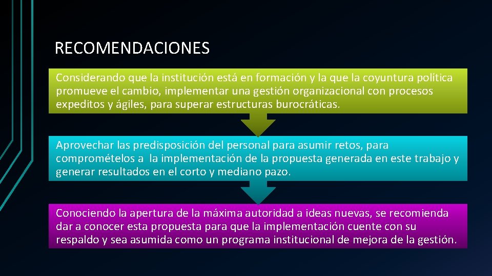 RECOMENDACIONES Considerando que la institución está en formación y la que la coyuntura política