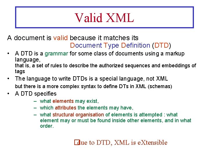 Valid XML A document is valid because it matches its Document Type Definition (DTD)