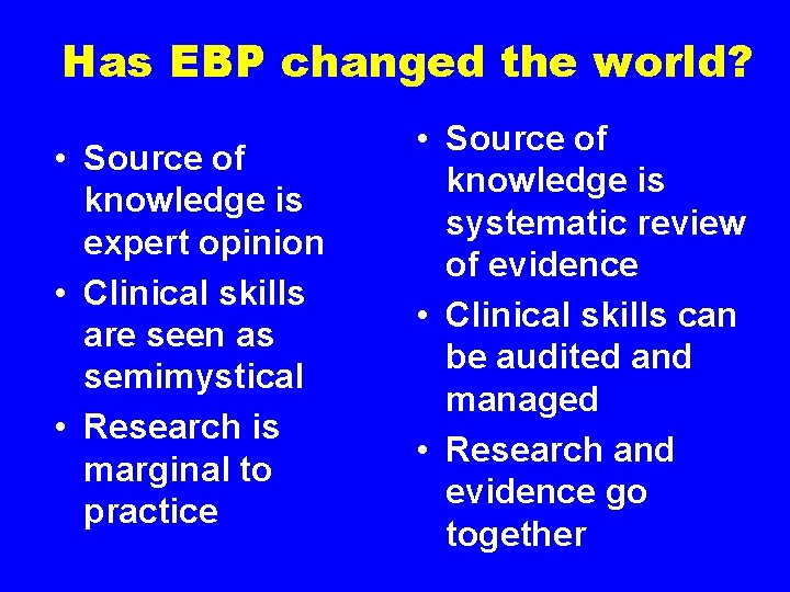 Has EBP changed the world? • Source of knowledge is expert opinion • Clinical