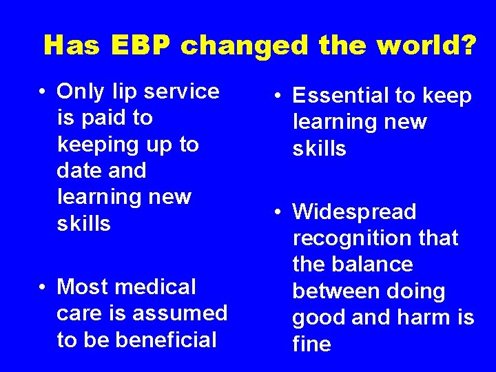 Has EBP changed the world? • Only lip service is paid to keeping up