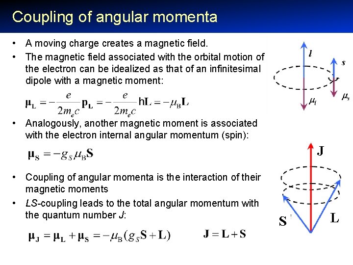  Coupling of angular momenta • A moving charge creates a magnetic field. •