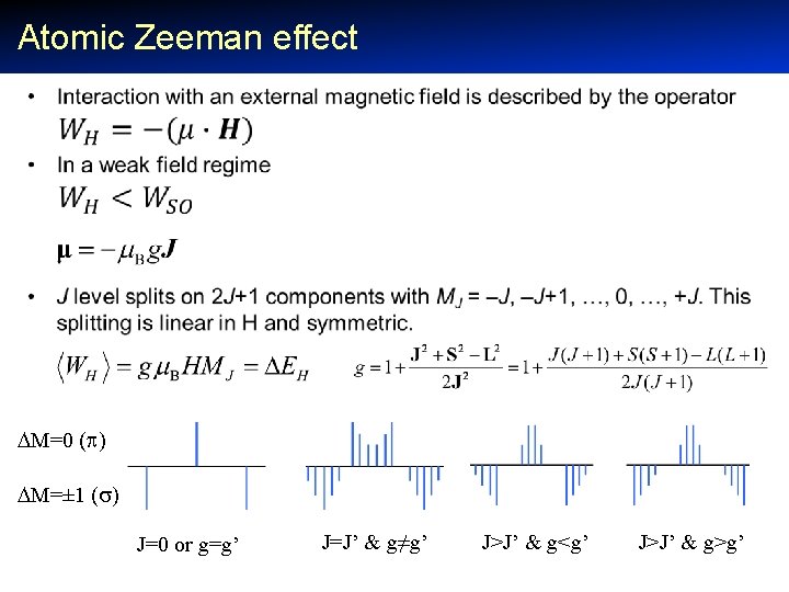  Atomic Zeeman effect • M=0 ( ) M=± 1 ( ) J=0 or