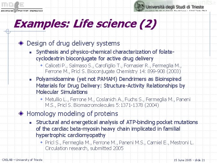 Examples: Life science (2) Design of drug delivery systems n Synthesis and physico-chemical characterization