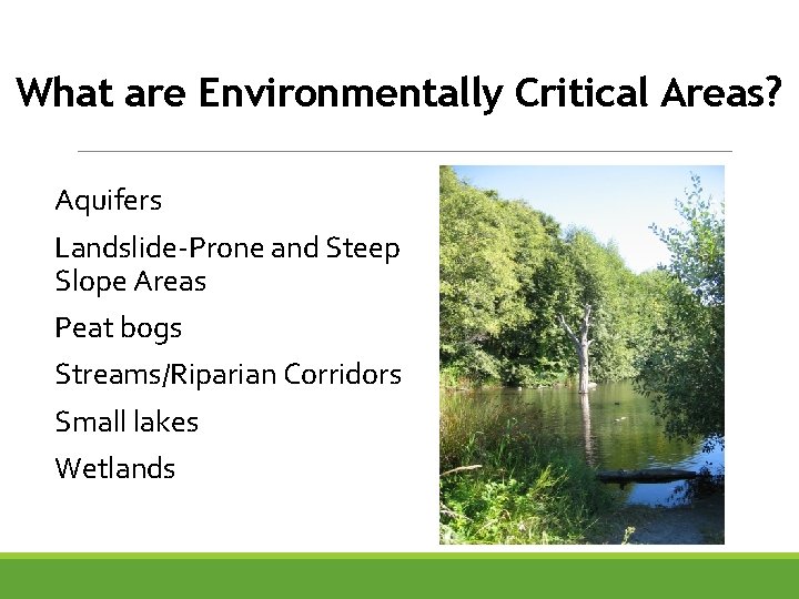 What are Environmentally Critical Areas? Aquifers Landslide-Prone and Steep Slope Areas Peat bogs Streams/Riparian