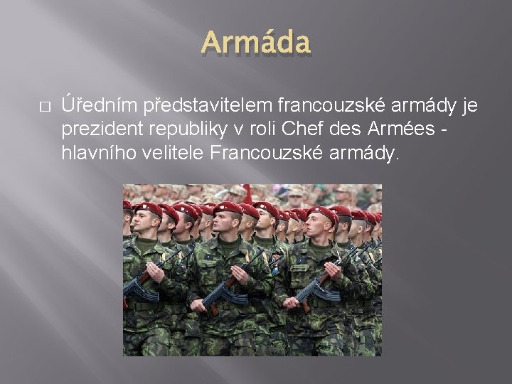Armáda � Úředním představitelem francouzské armády je prezident republiky v roli Chef des Armées