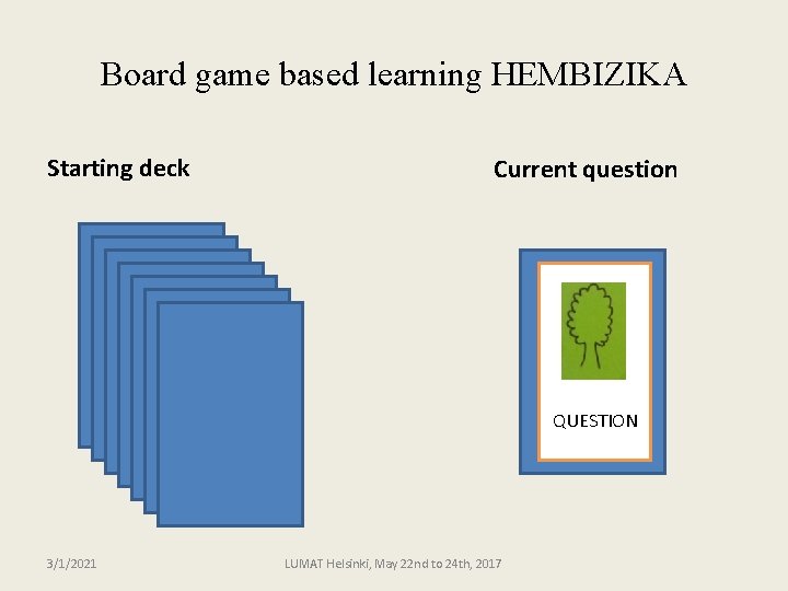 Board game based learning HEMBIZIKA Starting deck Current question QUESTION 3/1/2021 LUMAT Helsinki, May