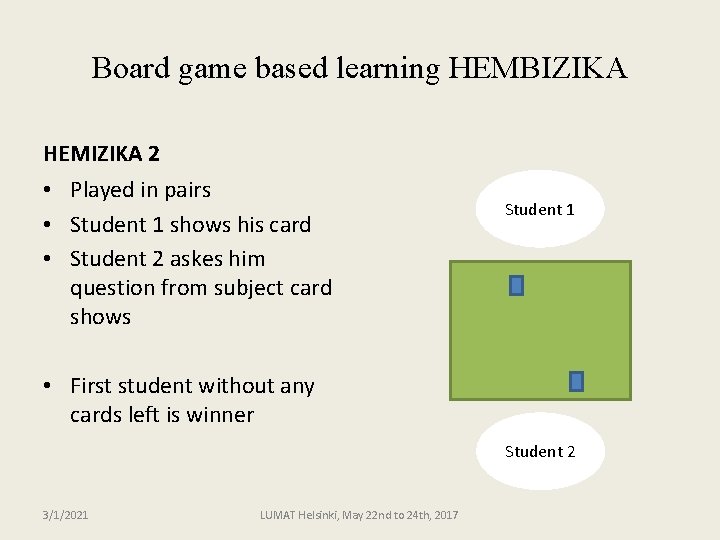 Board game based learning HEMBIZIKA HEMIZIKA 2 • Played in pairs • Student 1