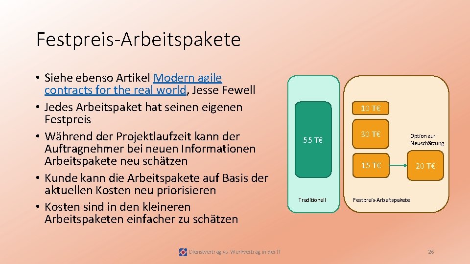 Festpreis-Arbeitspakete • Siehe ebenso Artikel Modern agile contracts for the real world, Jesse Fewell
