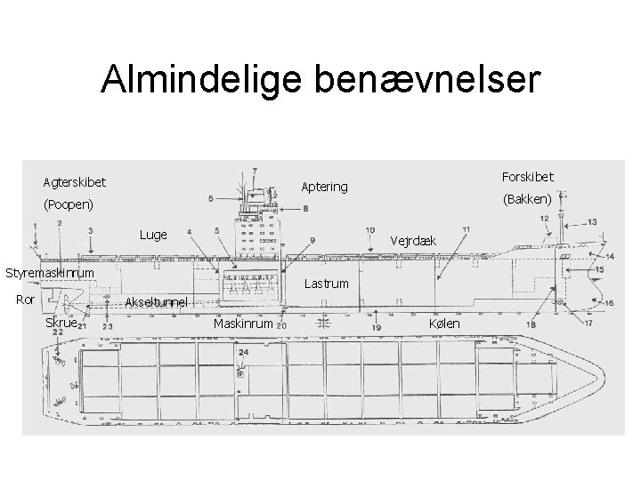 Almindelige benævnelser Agterskibet Forskibet Aptering (Bakken) (Poopen) Luge Vejrdæk Styremaskinrum Ror Lastrum Akseltunnel Skrue