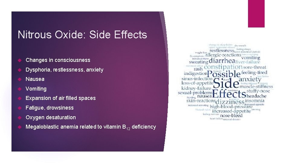 Nitrous Oxide: Side Effects Changes in consciousness Dysphoria, restlessness, anxiety Nausea Vomiting Expansion of