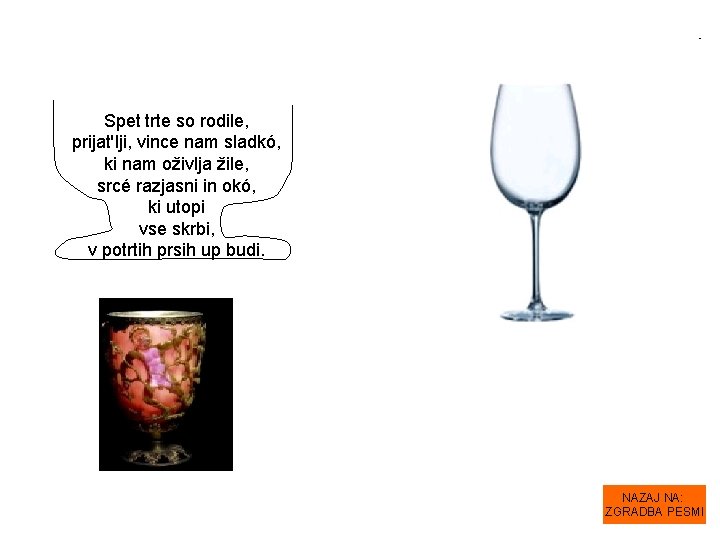 Spet trte so rodile, prijat'lji, vince nam sladkó, ki nam oživlja žile, srcé razjasni Spet trte so rodile, prijat'lji, vince nam sladkó, ki nam oživlja žile, srcé razjasni