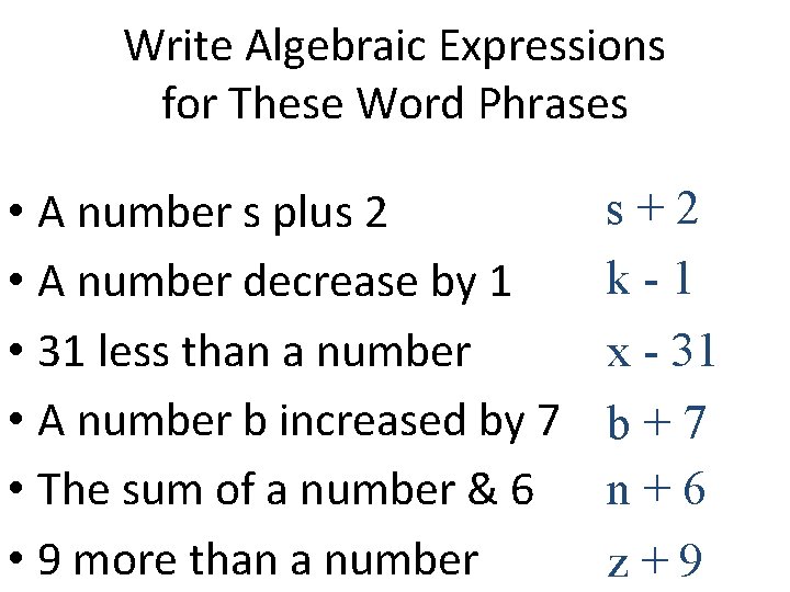 Write Algebraic Expressions for These Word Phrases • A number s plus 2 •