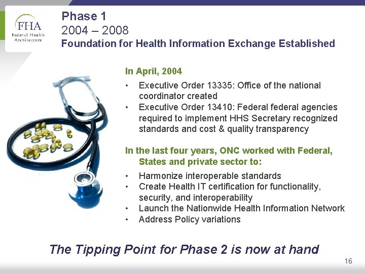 Phase 1 2004 – 2008 Foundation for Health Information Exchange Established In April, 2004